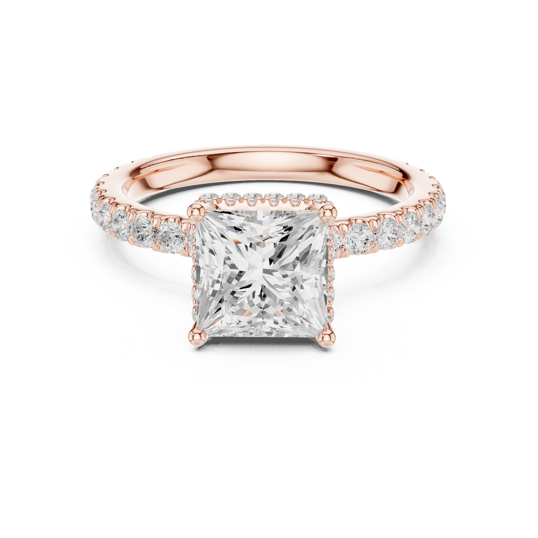 Sparkling Princess Cut Diamond Pavé Engagement Ring with Hidden Halo close-up accent detail