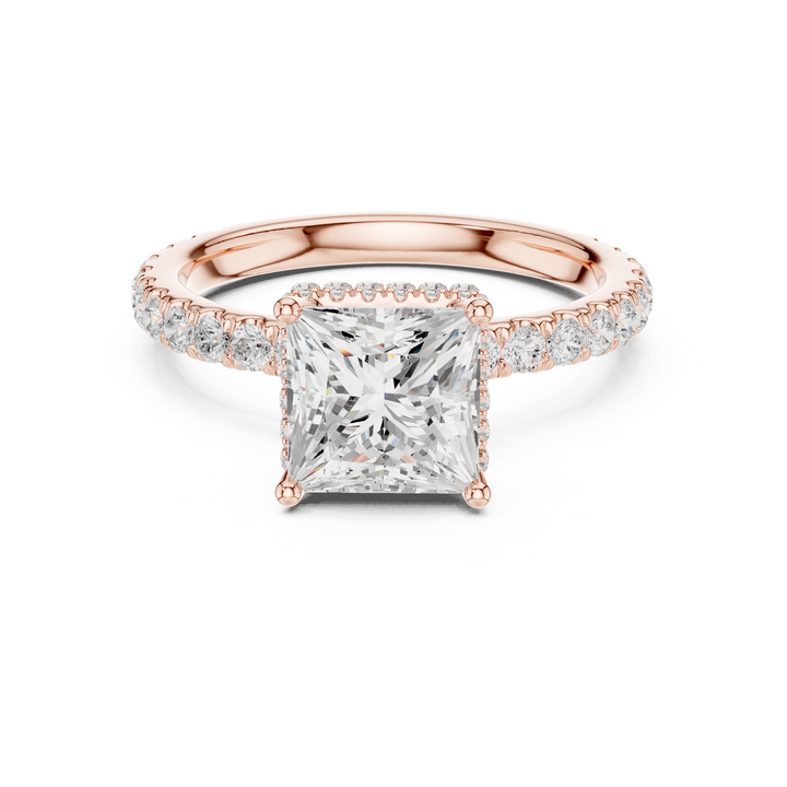 Sparkling Princess Cut Diamond Pavé Engagement Ring with Hidden Halo close-up accent detail