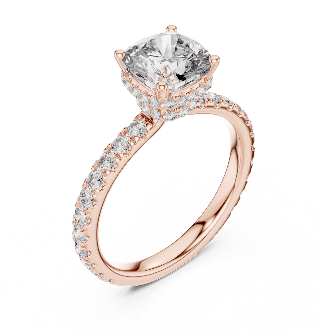Cushion Cut Diamond Solitaire Ring with Pavé Band