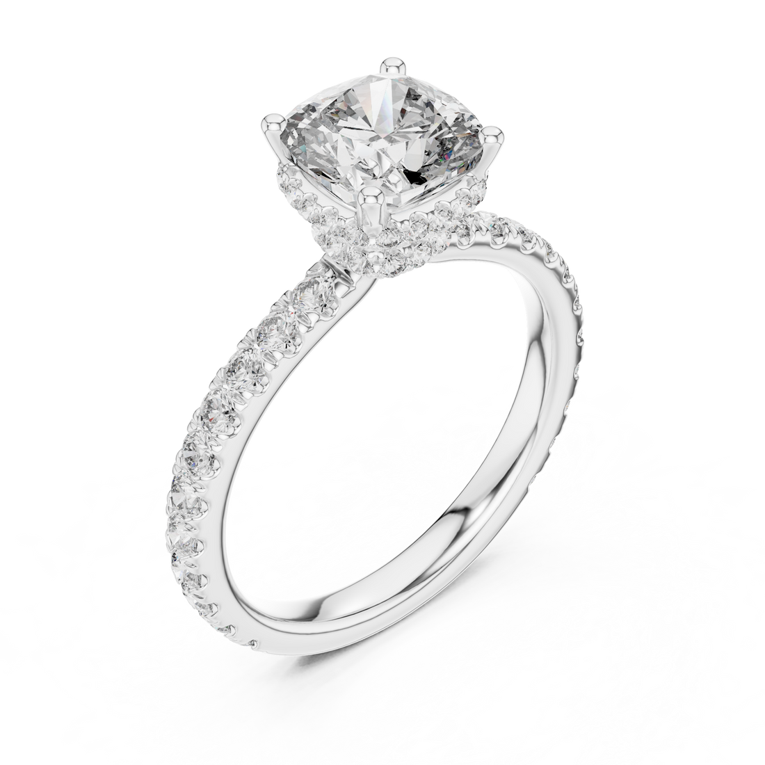 Cushion Cut Diamond Solitaire Ring with Pavé Band