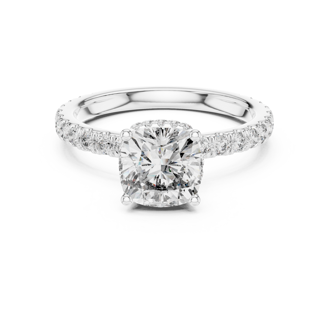 Cushion Cut Diamond Solitaire Ring with Pavé Band