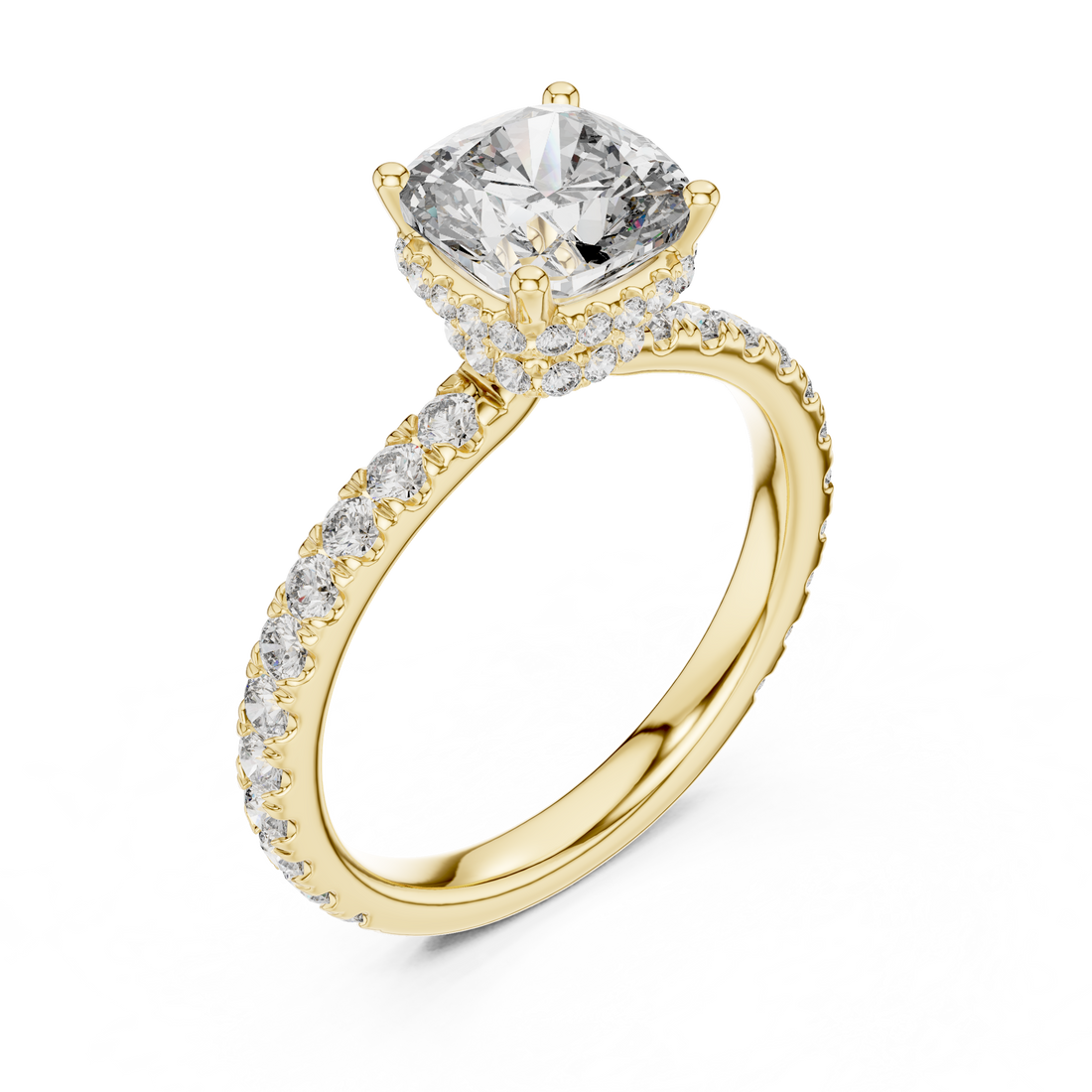 Cushion Cut Diamond Solitaire Ring with Pavé Band