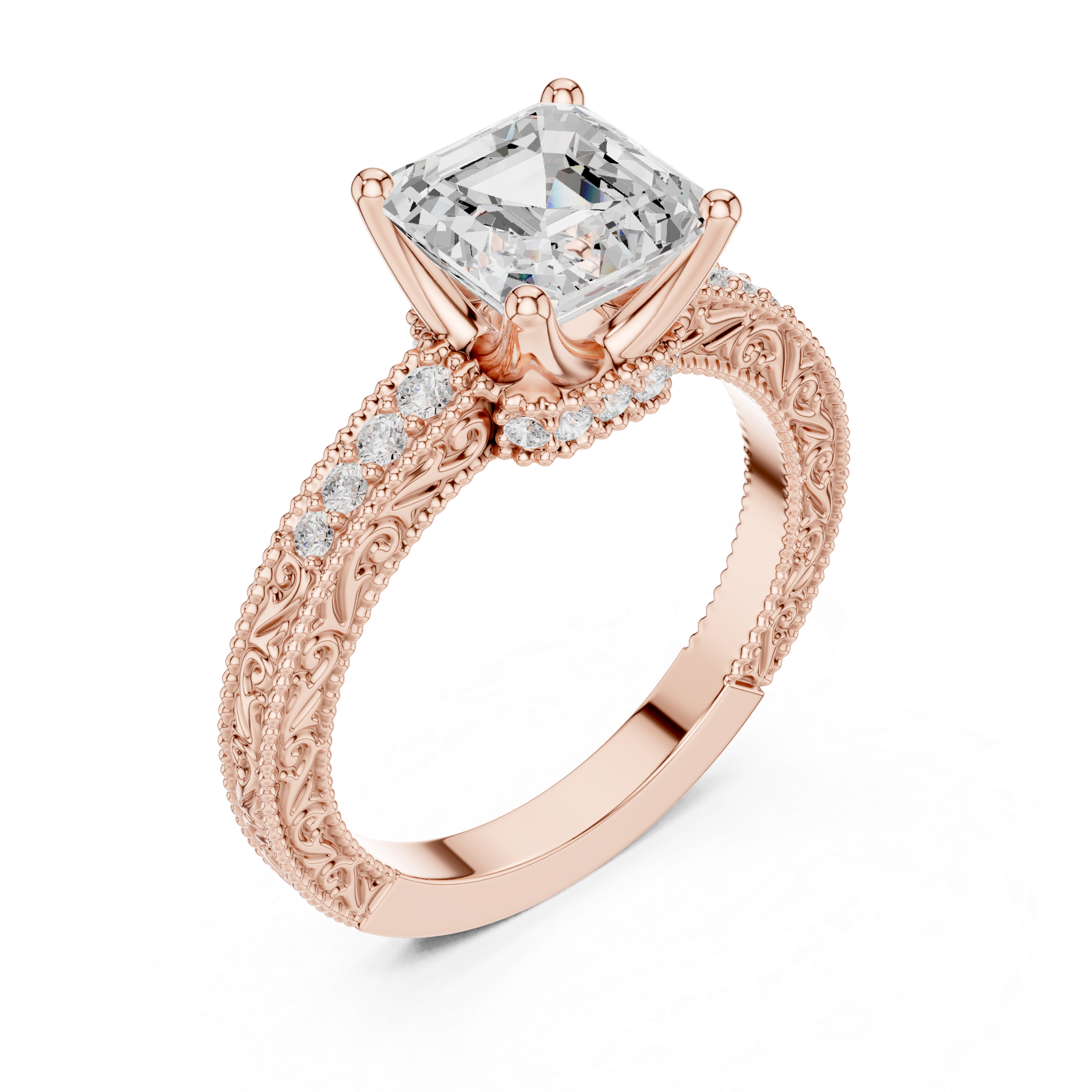 Asscher Cut Diamond Engagement Ring with Vintage Pavé Side Stones