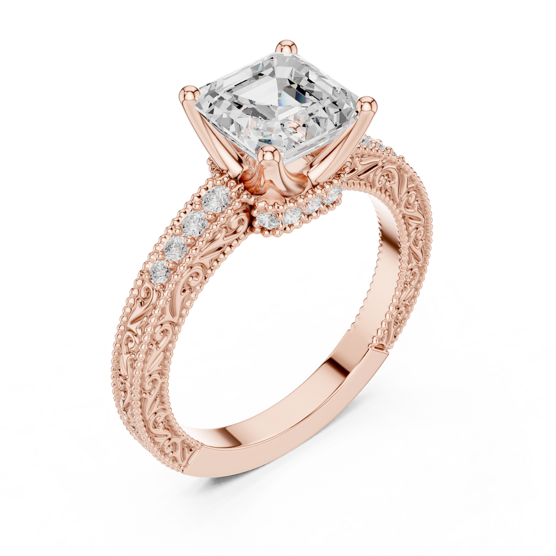 Asscher Cut Diamond Engagement Ring with Vintage Pavé Side Stones