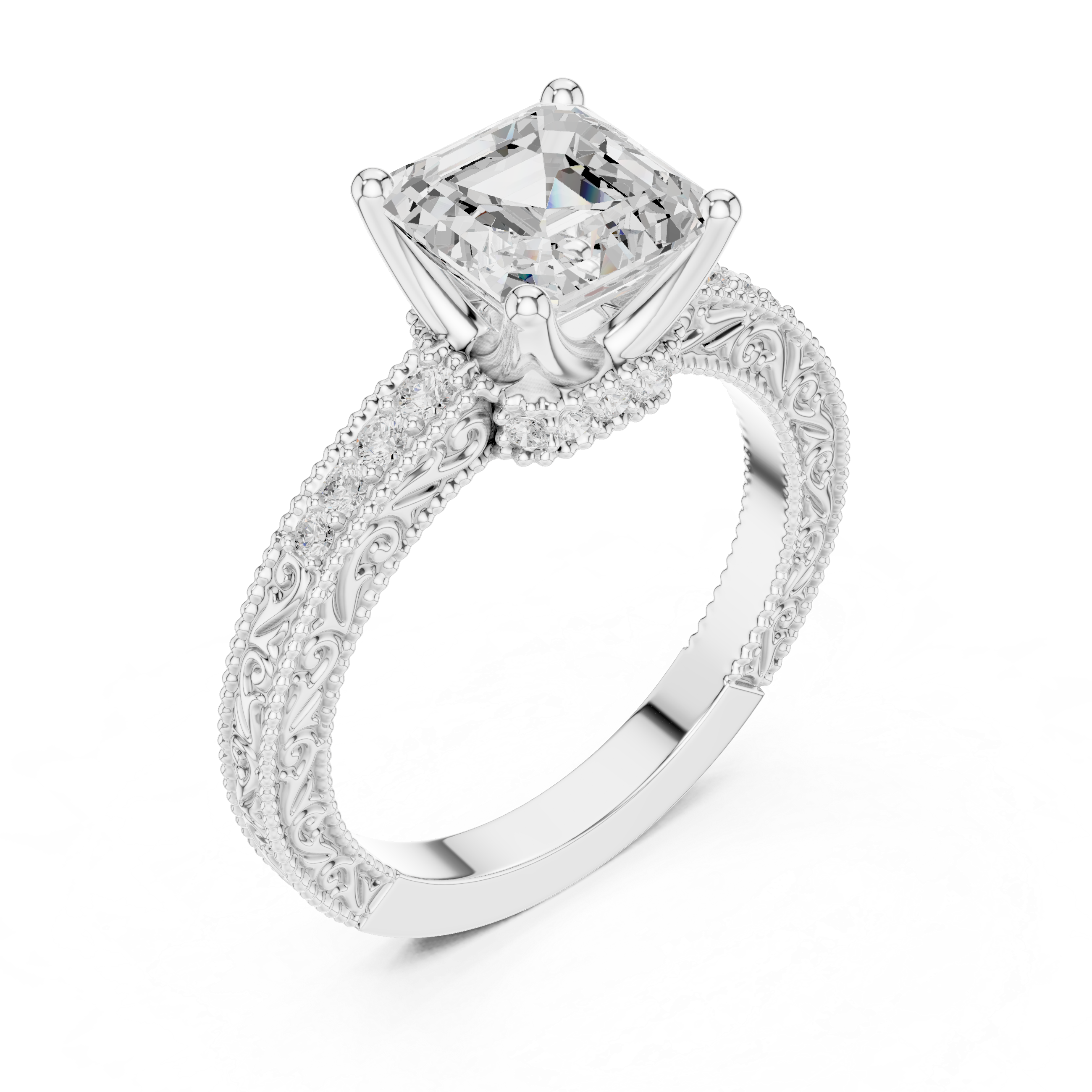 Asscher Cut Diamond Engagement Ring with Vintage Pavé Side Stones