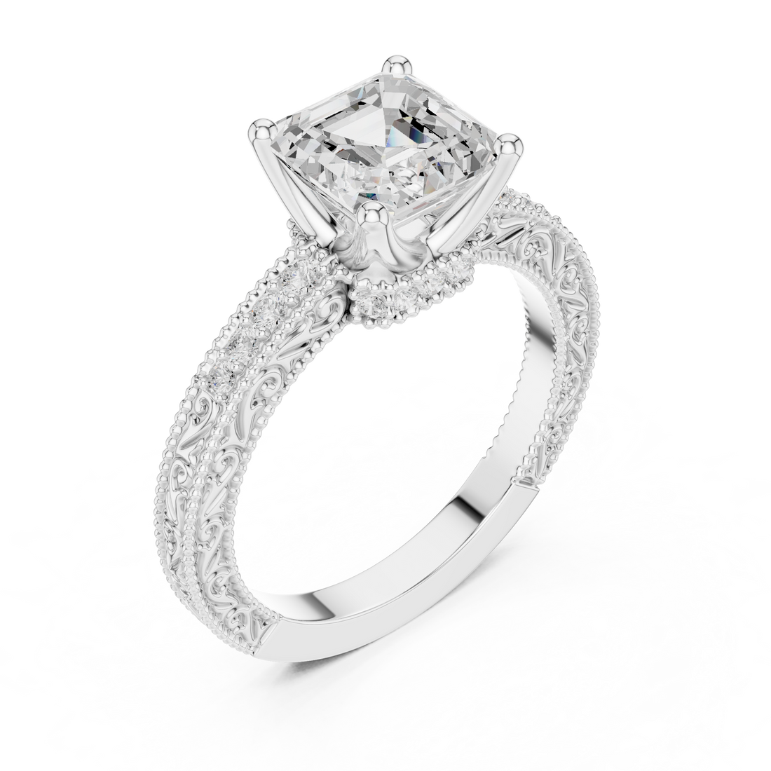 Asscher Cut Diamond Engagement Ring with Vintage Pavé Side Stones