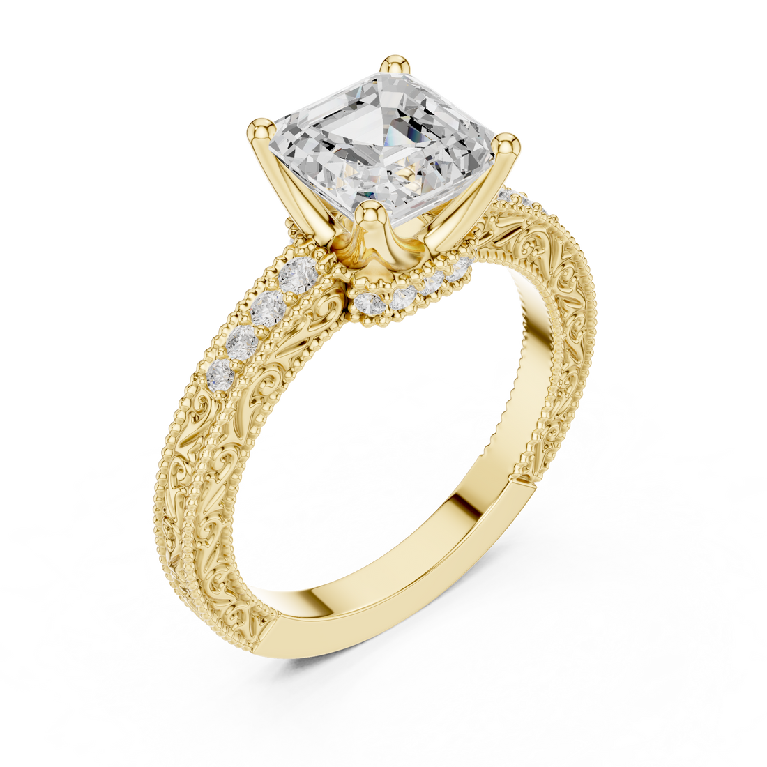 Asscher Cut Diamond Engagement Ring with Vintage Pavé Side Stones