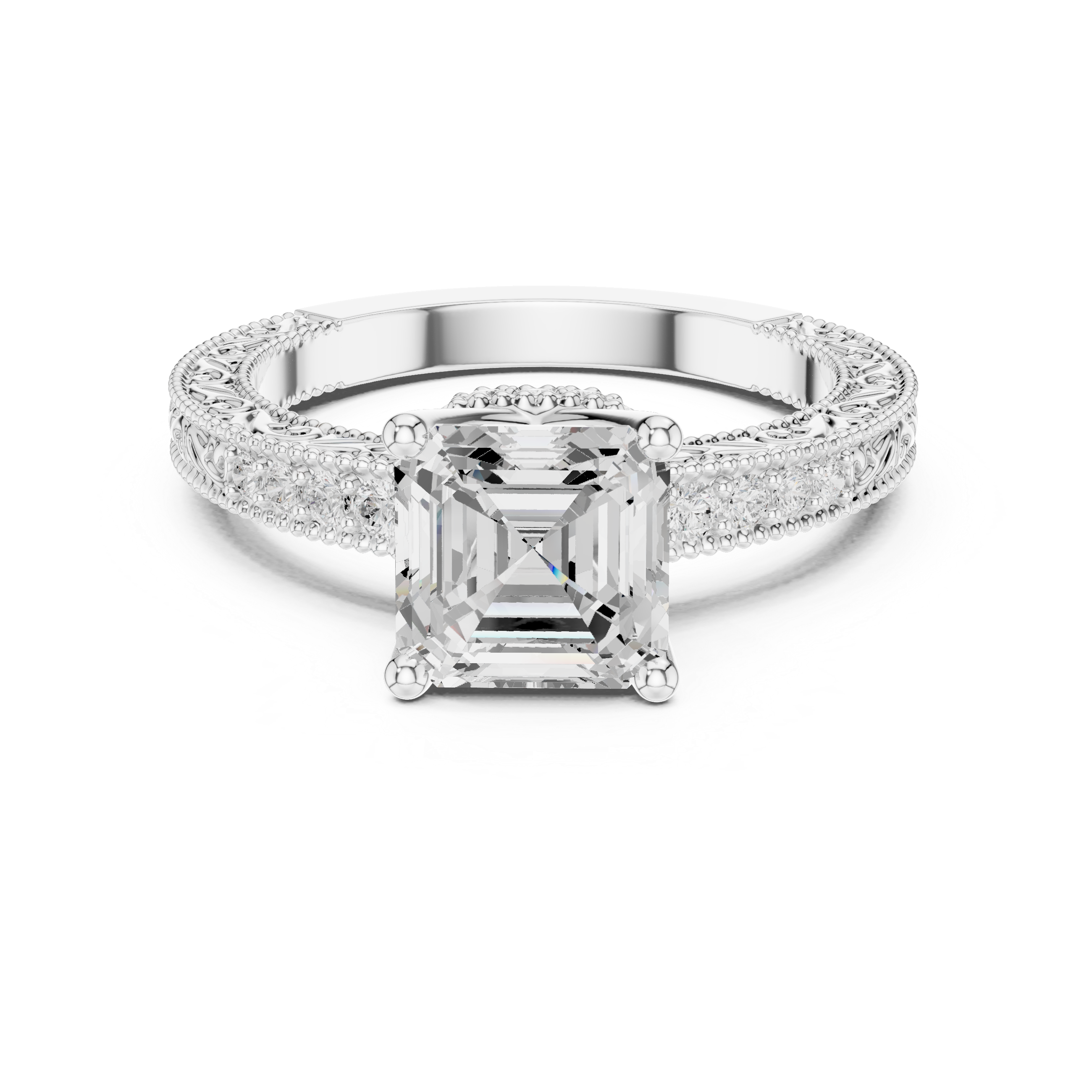Asscher Cut Diamond Engagement Ring with Vintage Pavé Side Stones