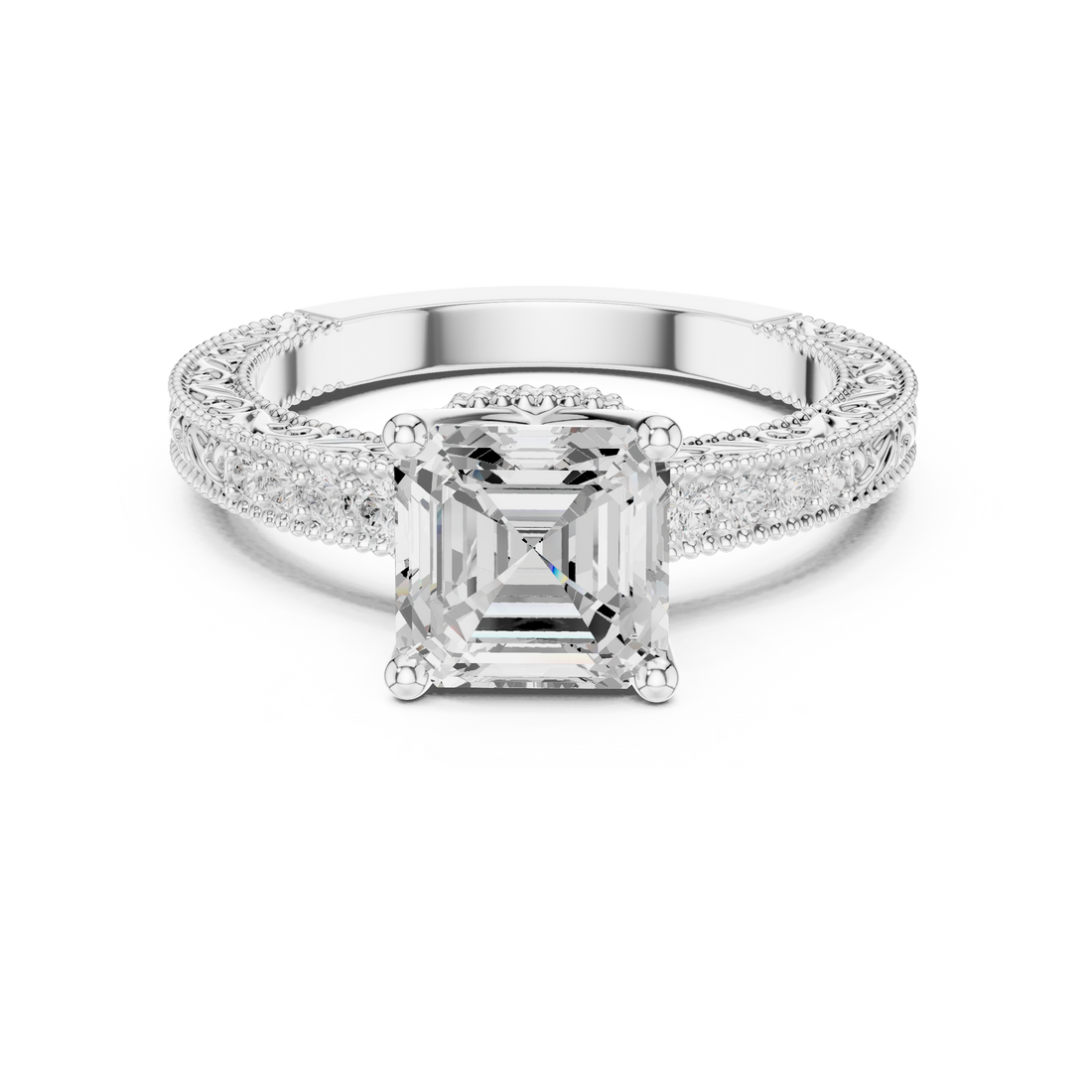 Asscher Cut Diamond Engagement Ring with Vintage Pavé Side Stones