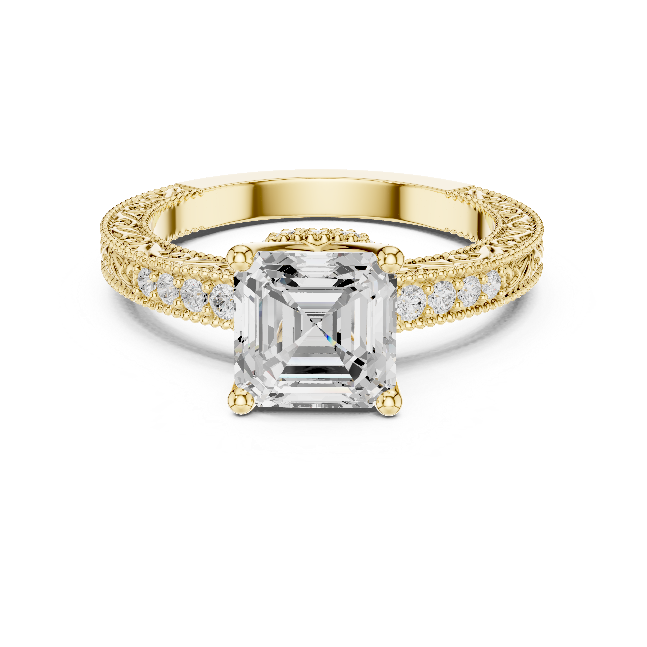 Asscher Cut Diamond Engagement Ring with Vintage Pavé Side Stones