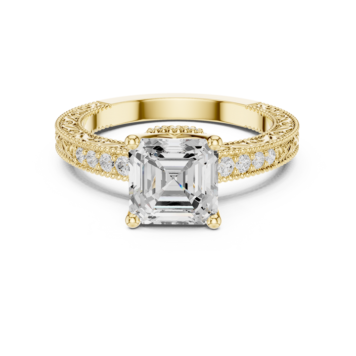 Asscher Cut Diamond Engagement Ring with Vintage Pavé Side Stones