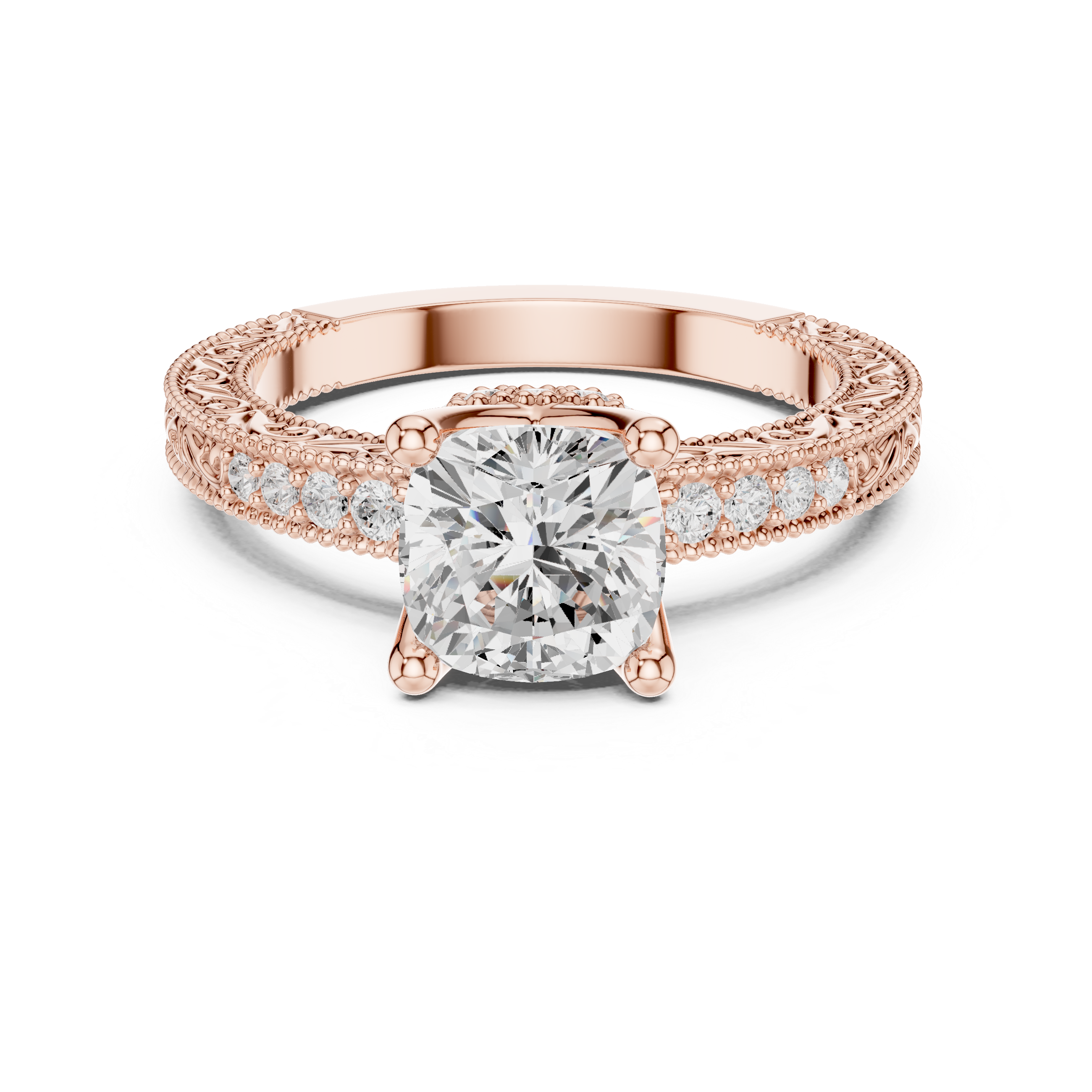 Cushion Cut Diamond Solitaire Ring with Vintage Pavé Band