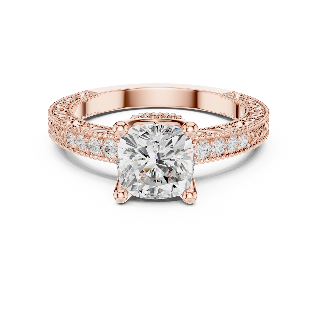 Cushion Cut Diamond Solitaire Ring with Vintage Pavé Band