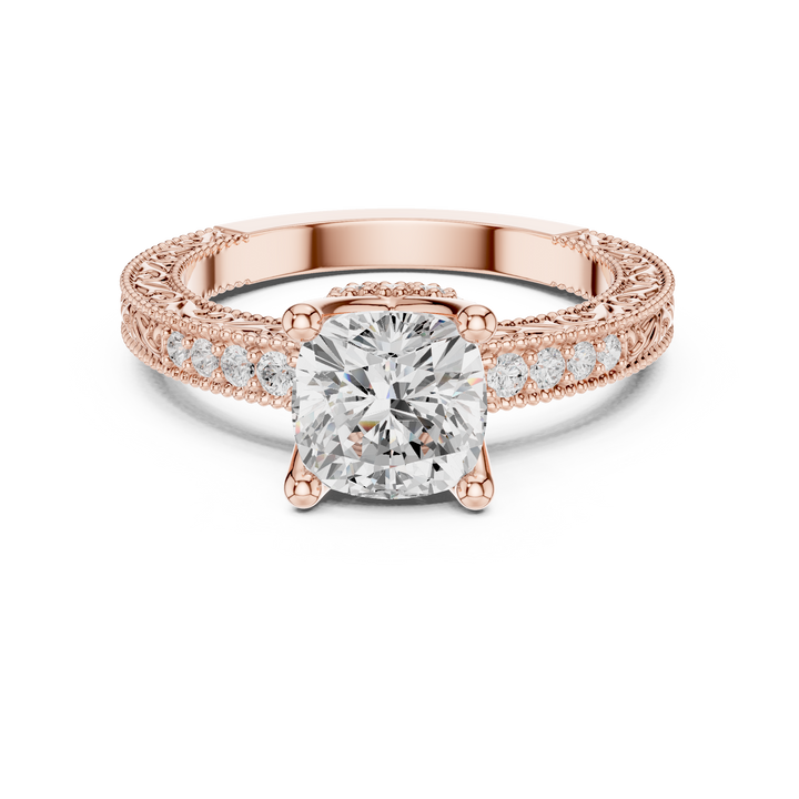 Cushion Cut Diamond Solitaire Ring with Vintage Pavé Band