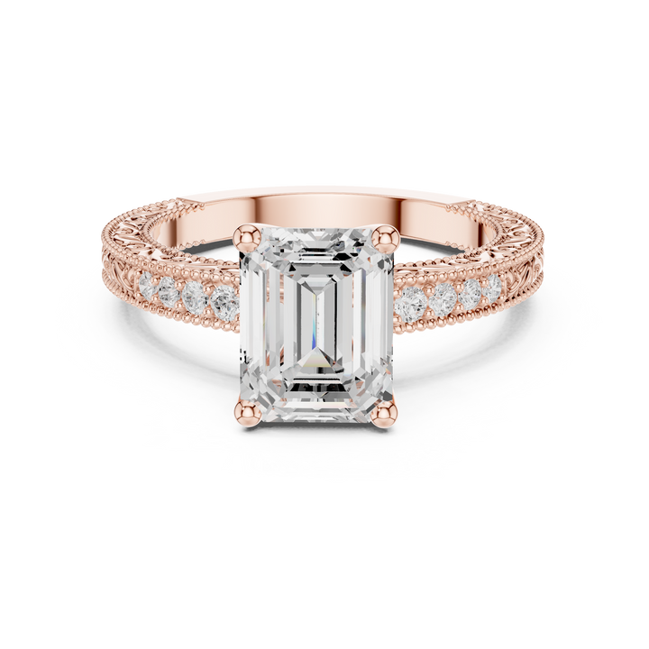 Emerald Cut Diamond Solitaire Ring with Vintage Pavé Band