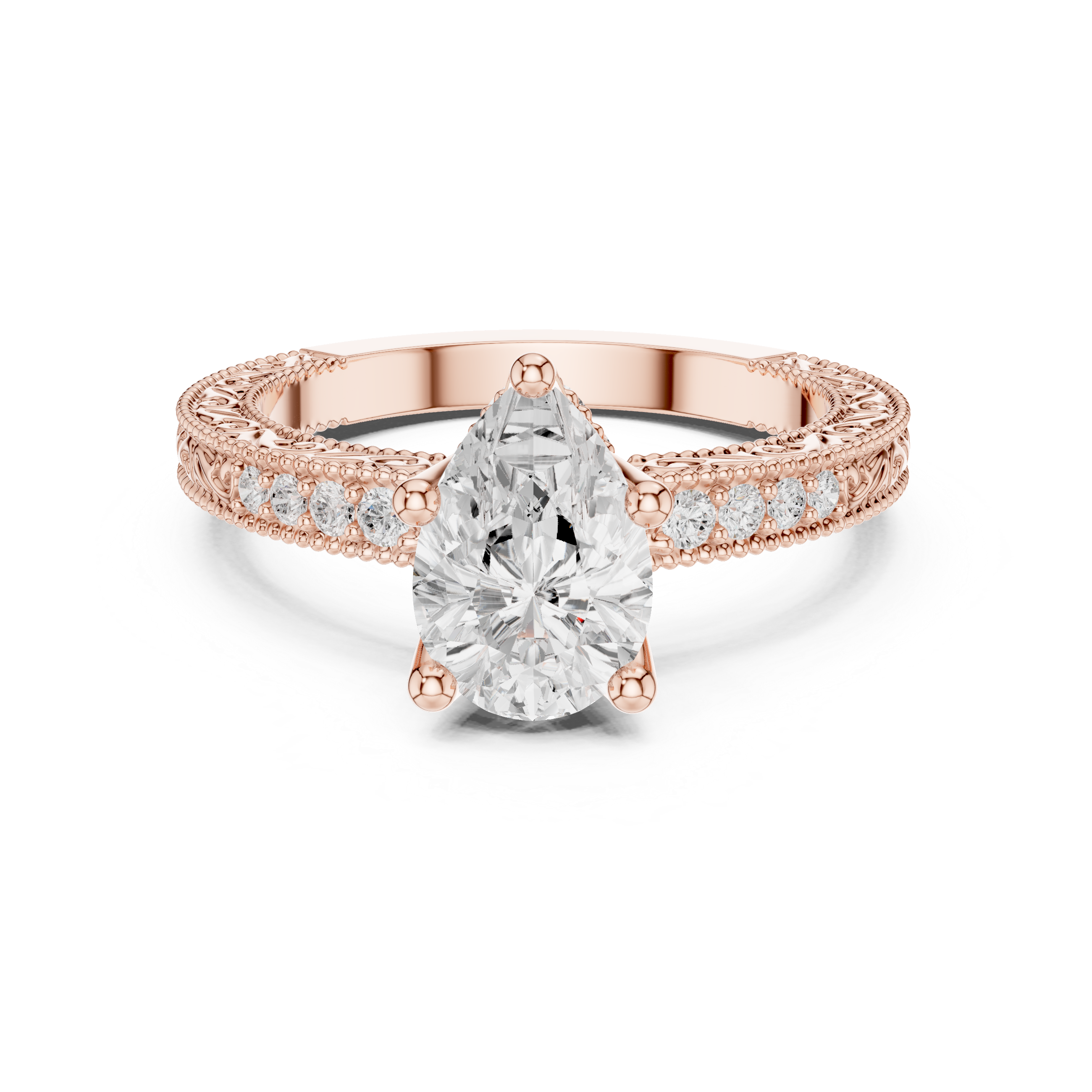 Pear Cut Diamond Engagement Ring with Vintage Pavé Side Stones