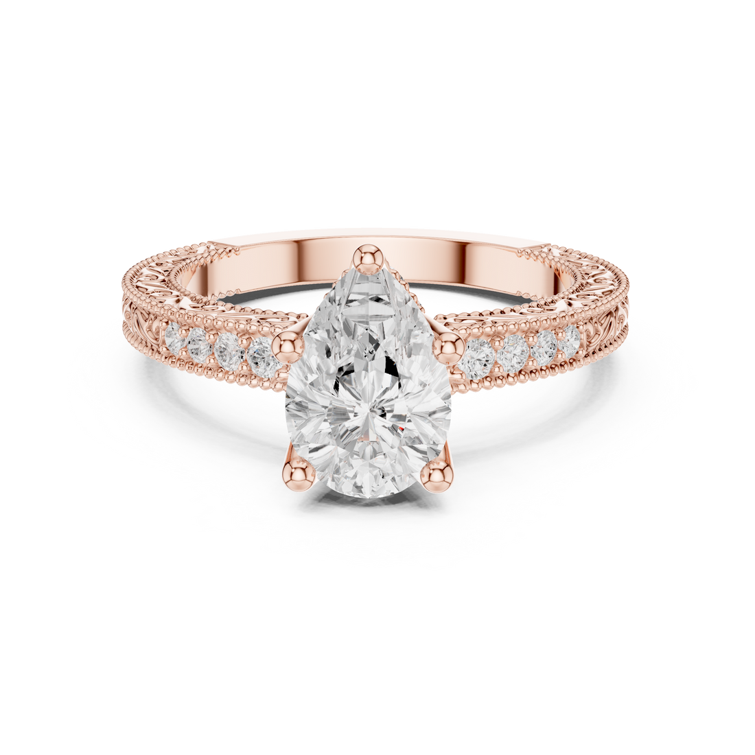 Pear Cut Diamond Engagement Ring with Vintage Pavé Side Stones