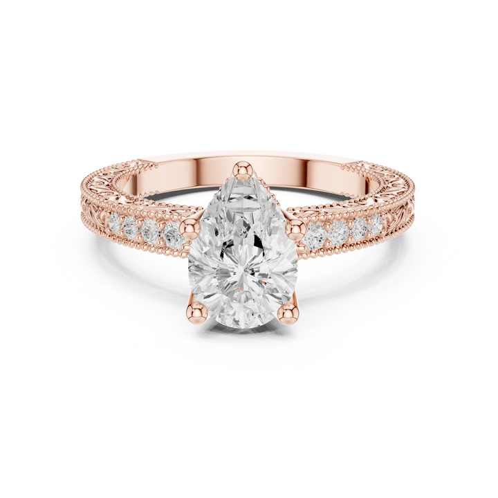 Pear Cut Diamond Engagement Ring with Vintage Pavé Side Stones