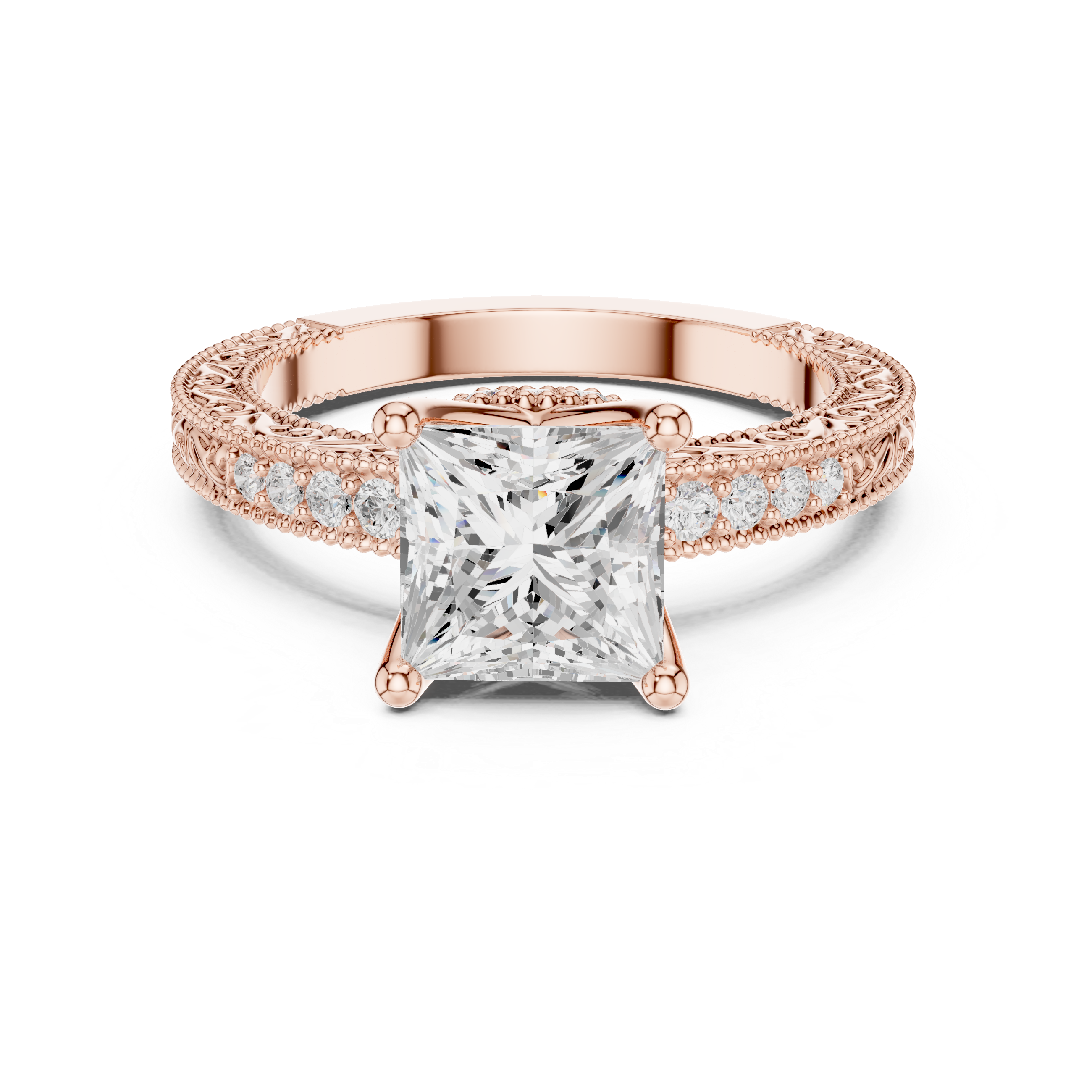 Princess Cut Diamond Solitaire Ring with Vintage Pavé Band
