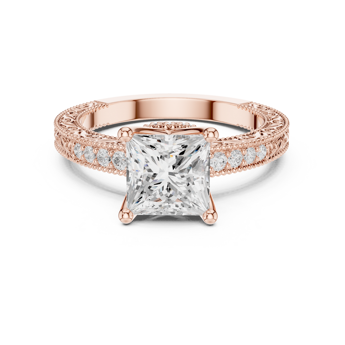 Princess Cut Diamond Solitaire Ring with Vintage Pavé Band