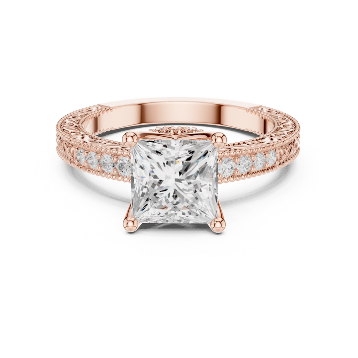 Princess Cut Diamond Solitaire Ring with Vintage Pavé Band