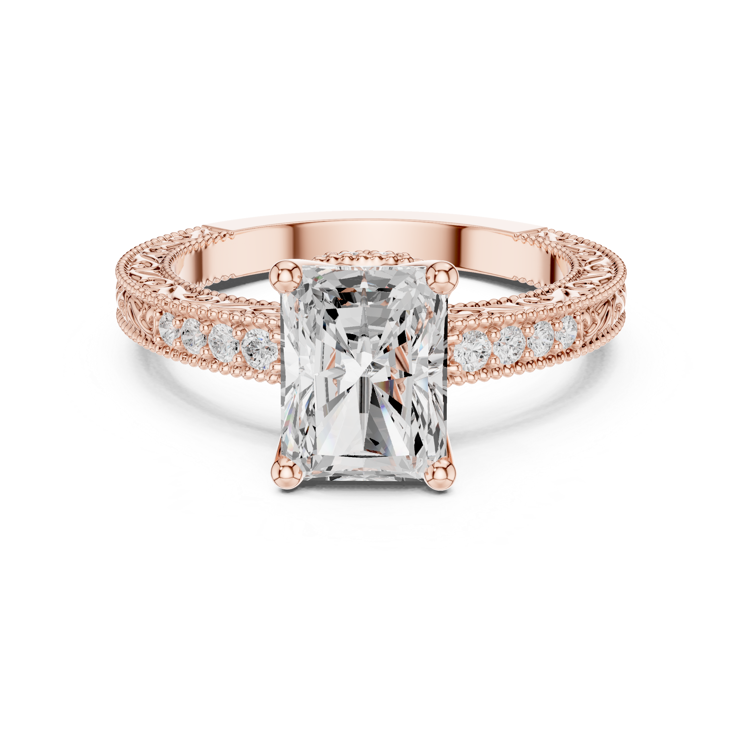 Radiant Cut Diamond Solitaire Ring with Vintage Pavé Band
