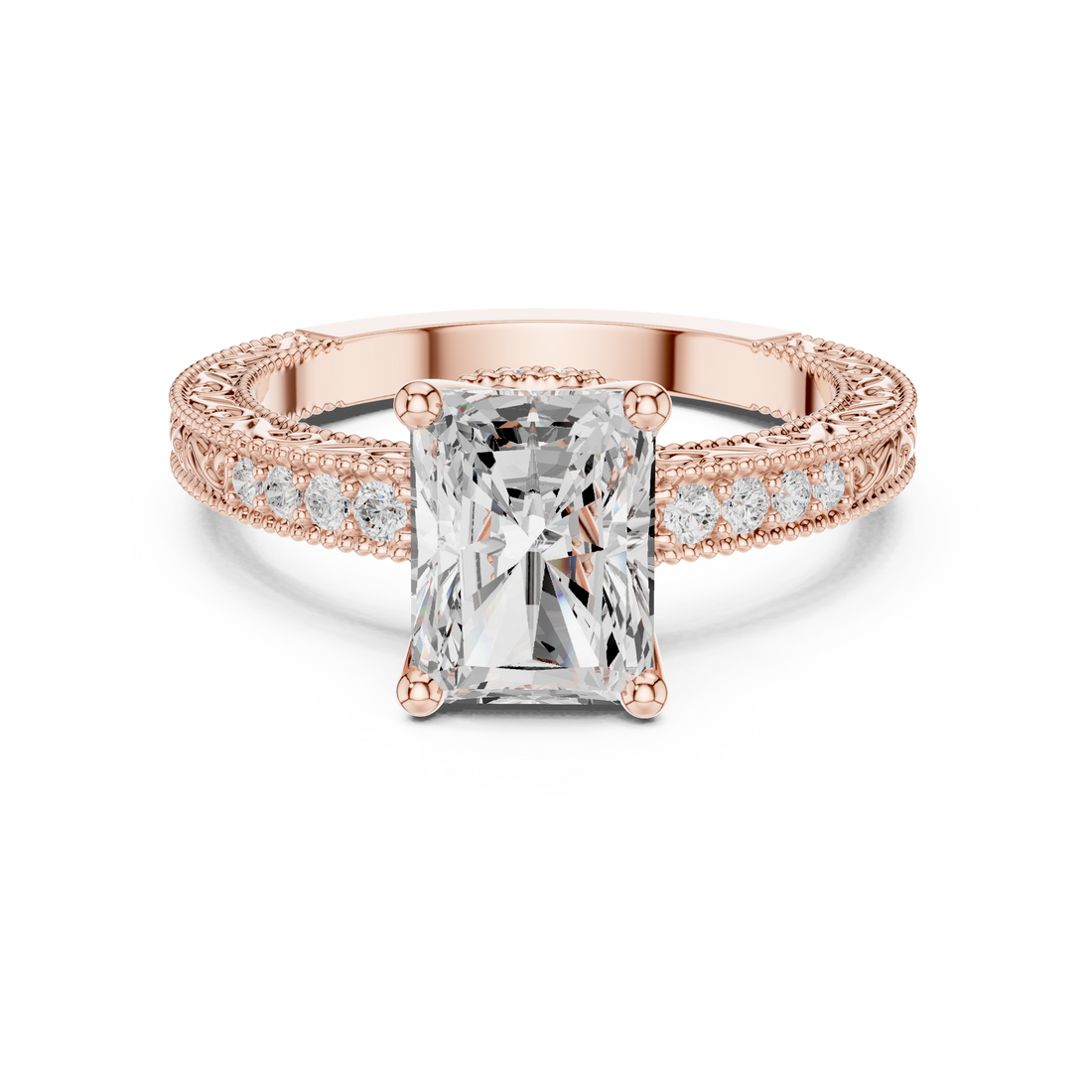 Radiant Cut Diamond Solitaire Ring with Vintage Pavé Band