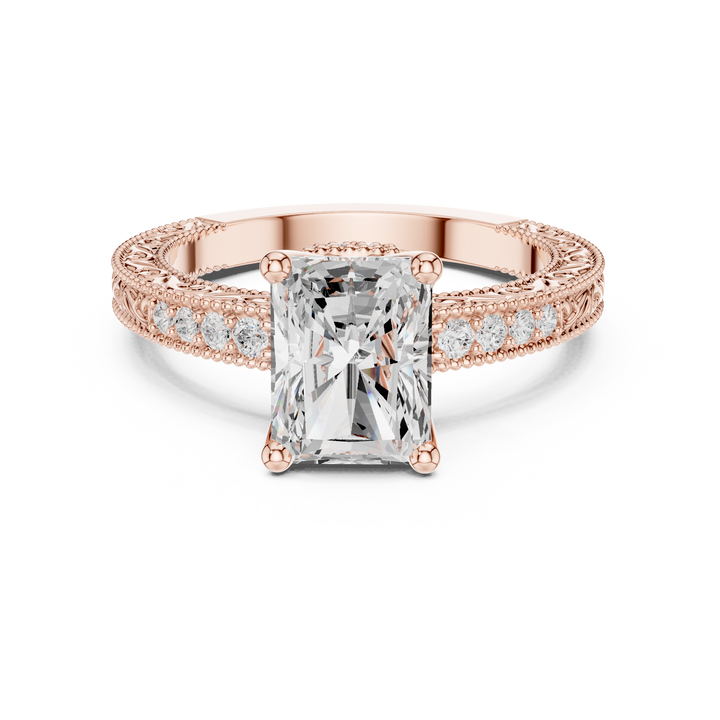 Radiant Cut Diamond Solitaire Ring with Vintage Pavé Band