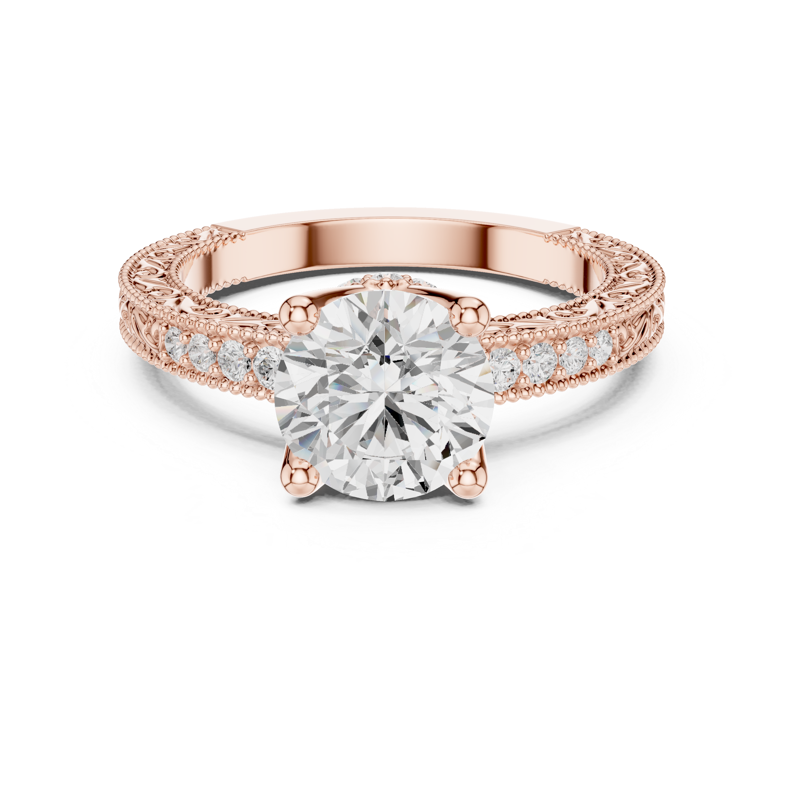 Round Brilliant Diamond Engagement Ring with Vintage Pavé Band