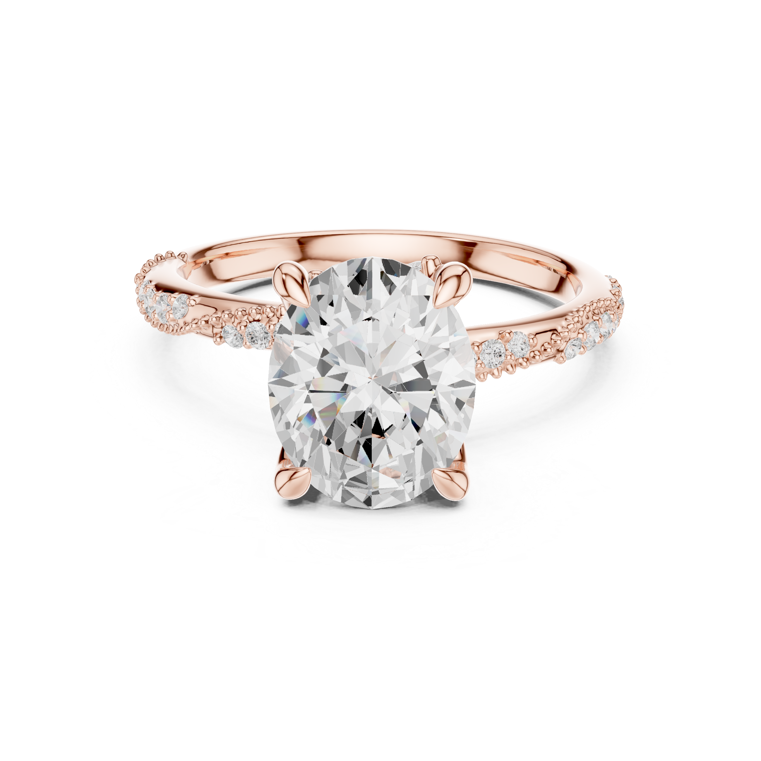 Oval Cut Diamond Side Stone Engagement Ring with Pavé Band