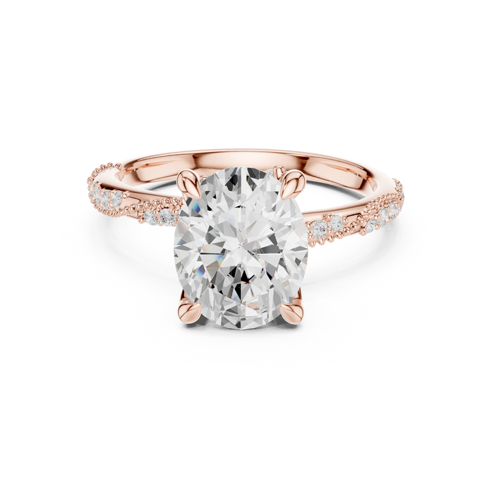 Oval Cut Diamond Side Stone Engagement Ring with Pavé Band