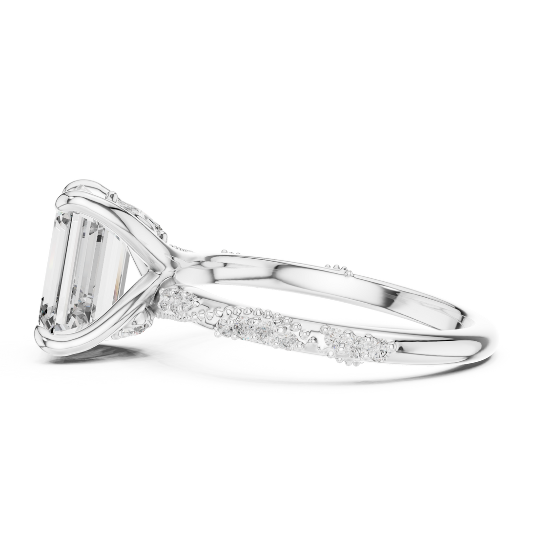 Emerald Cut Diamond Solitaire Ring with Pavé Side Stones
