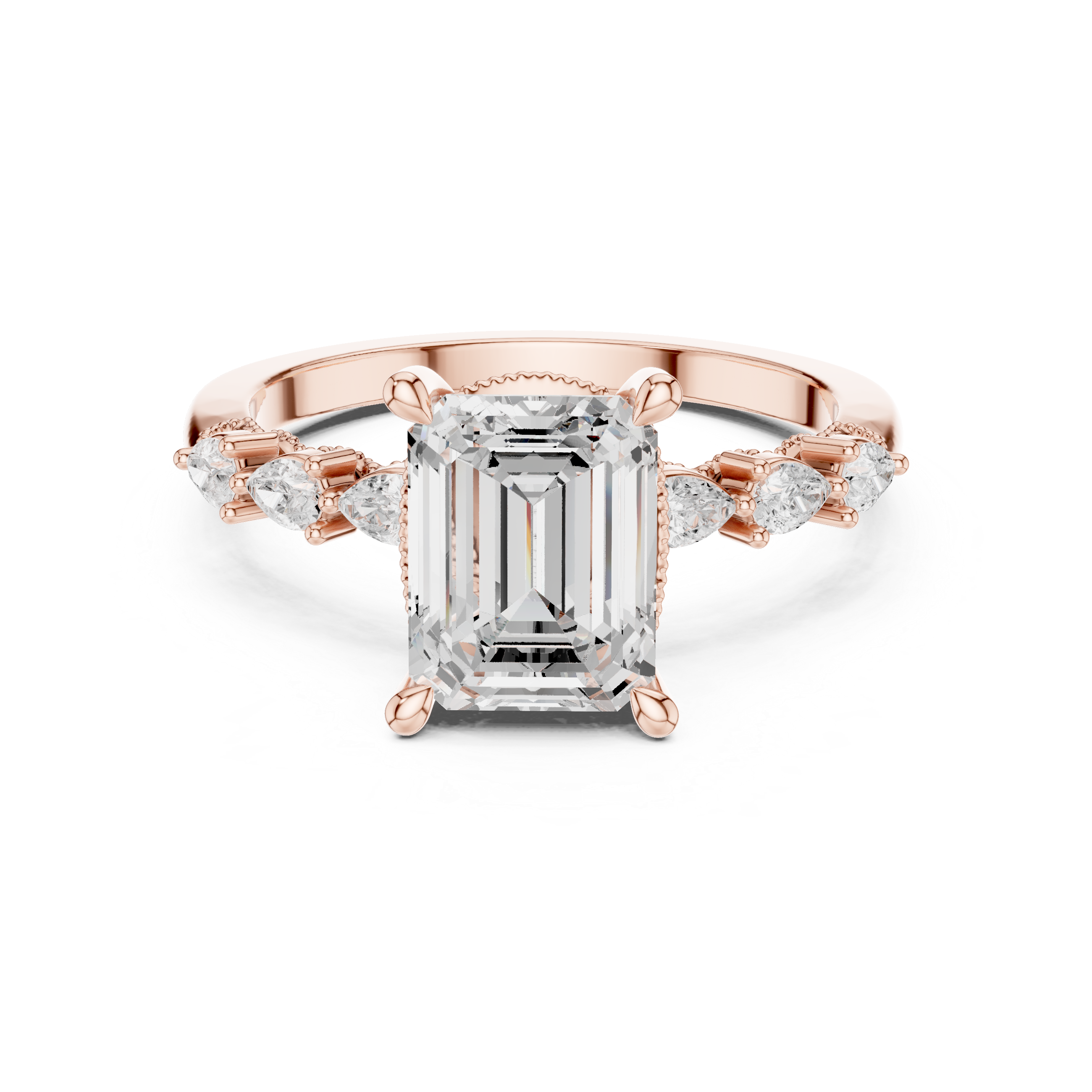 Emerald Cut Diamond Side Stone Engagement Ring with Marquise Pear Accents