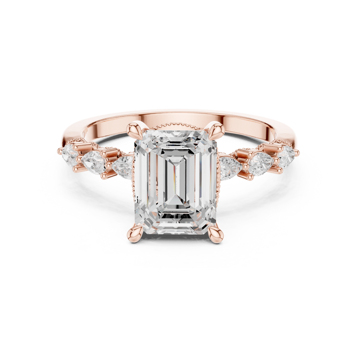 Emerald Cut Diamond Side Stone Engagement Ring with Marquise Pear Accents