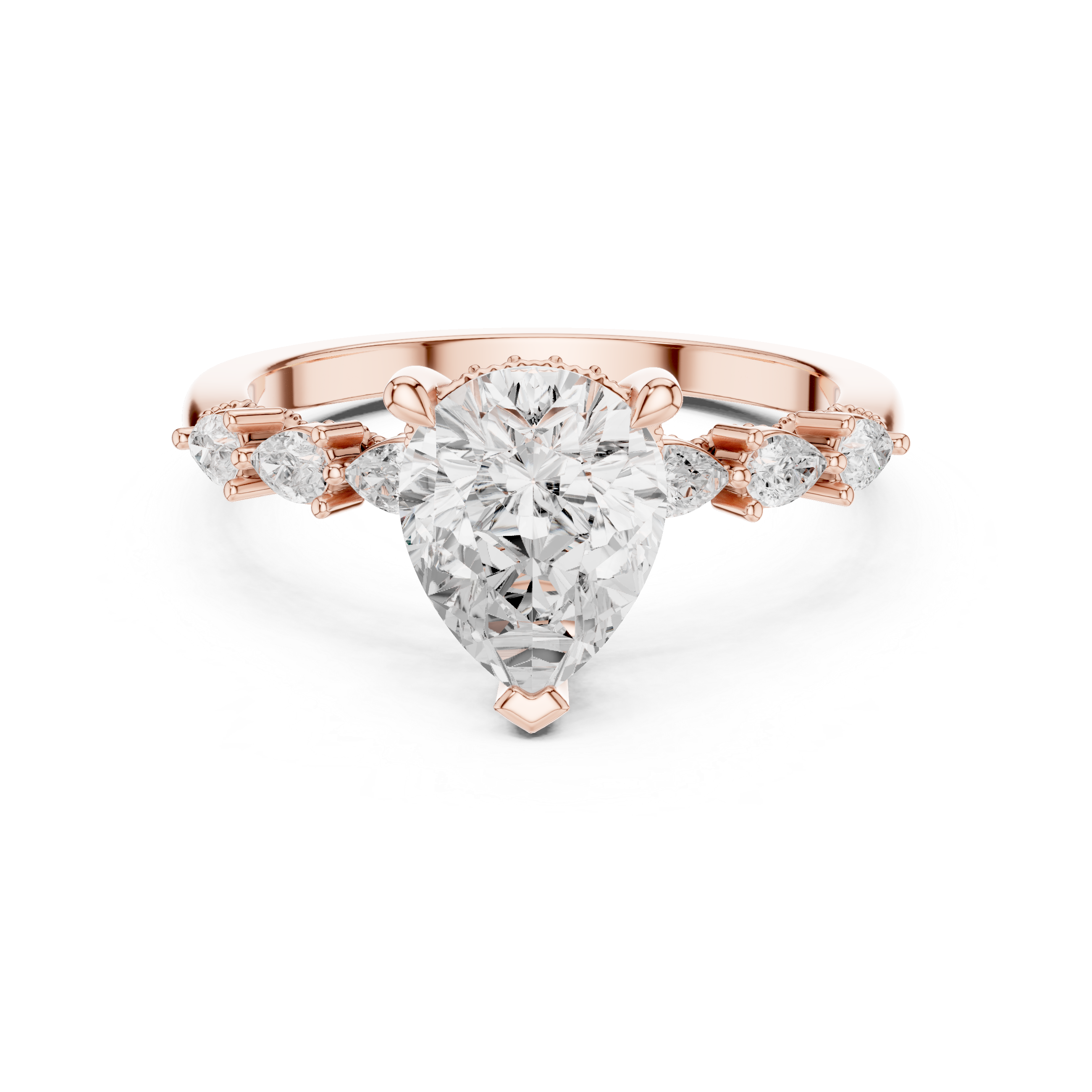 Pear Cut Diamond Side Stone Engagement Ring with Marquise Accents