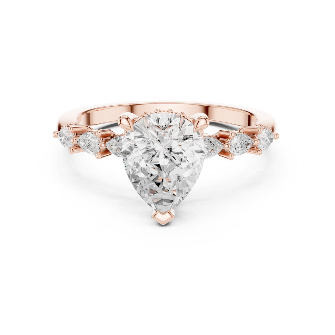 Pear Cut Diamond Side Stone Engagement Ring with Marquise Accents