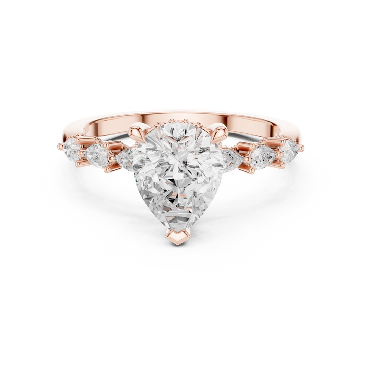 Pear Cut Diamond Side Stone Engagement Ring with Marquise Accents