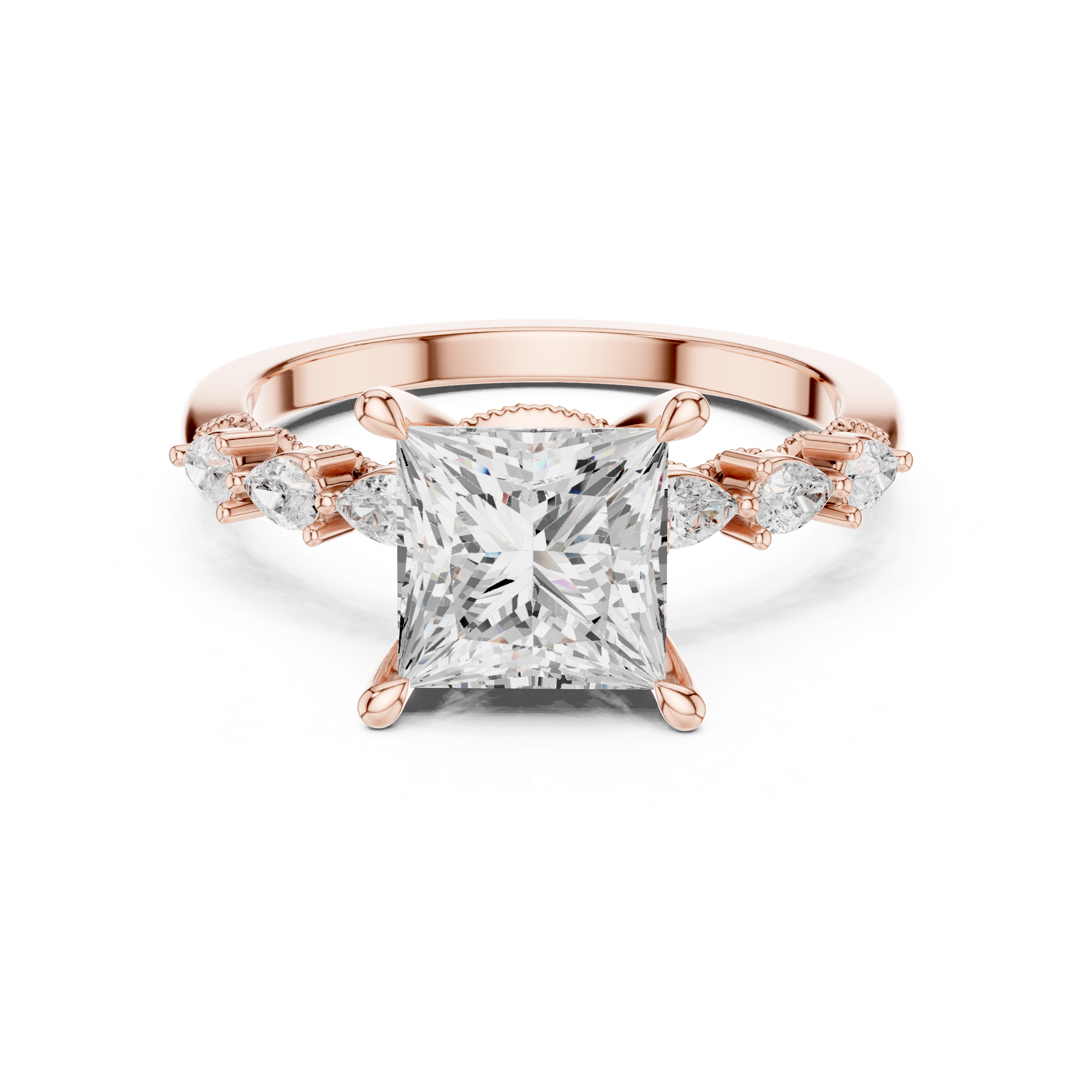 Princess Cut Diamond Engagement Ring with Pear Side Stone Accents