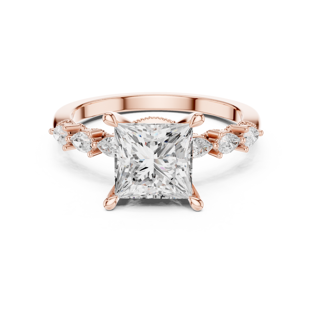 Princess Cut Diamond Engagement Ring with Pear Side Stone Accents