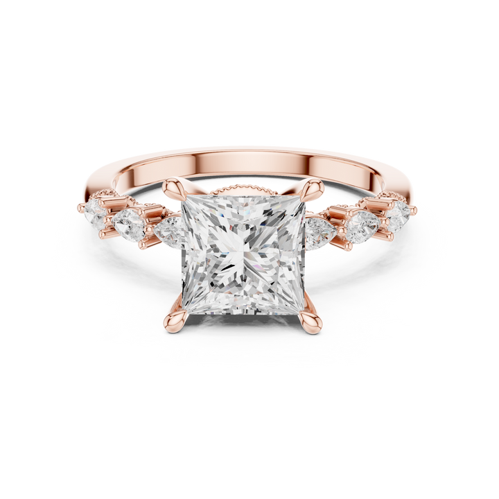 Princess Cut Diamond Engagement Ring with Pear Side Stone Accents
