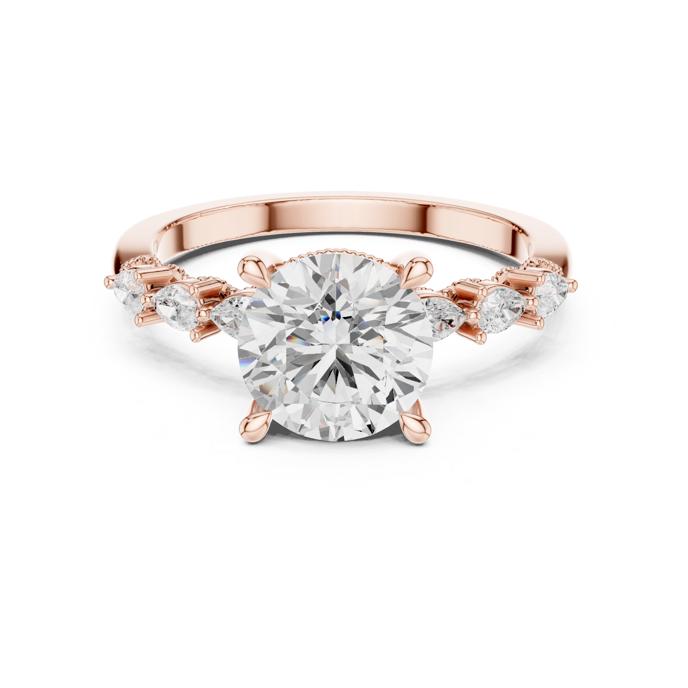 Round Cut Diamond Side Stone Engagement Ring with Pear Accents