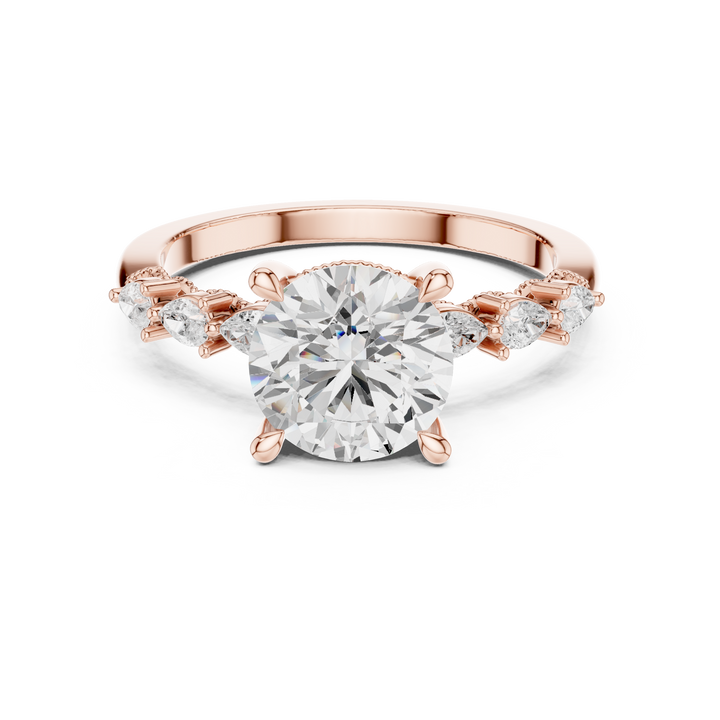 Round Cut Diamond Side Stone Engagement Ring with Pear Accents