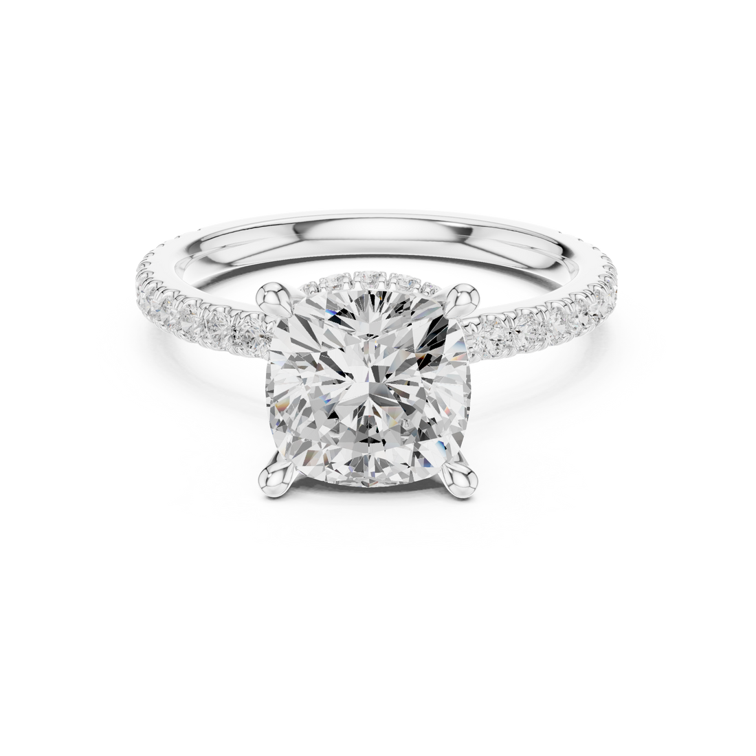 Cushion Cut Diamond Solitaire Ring with Pavé Band