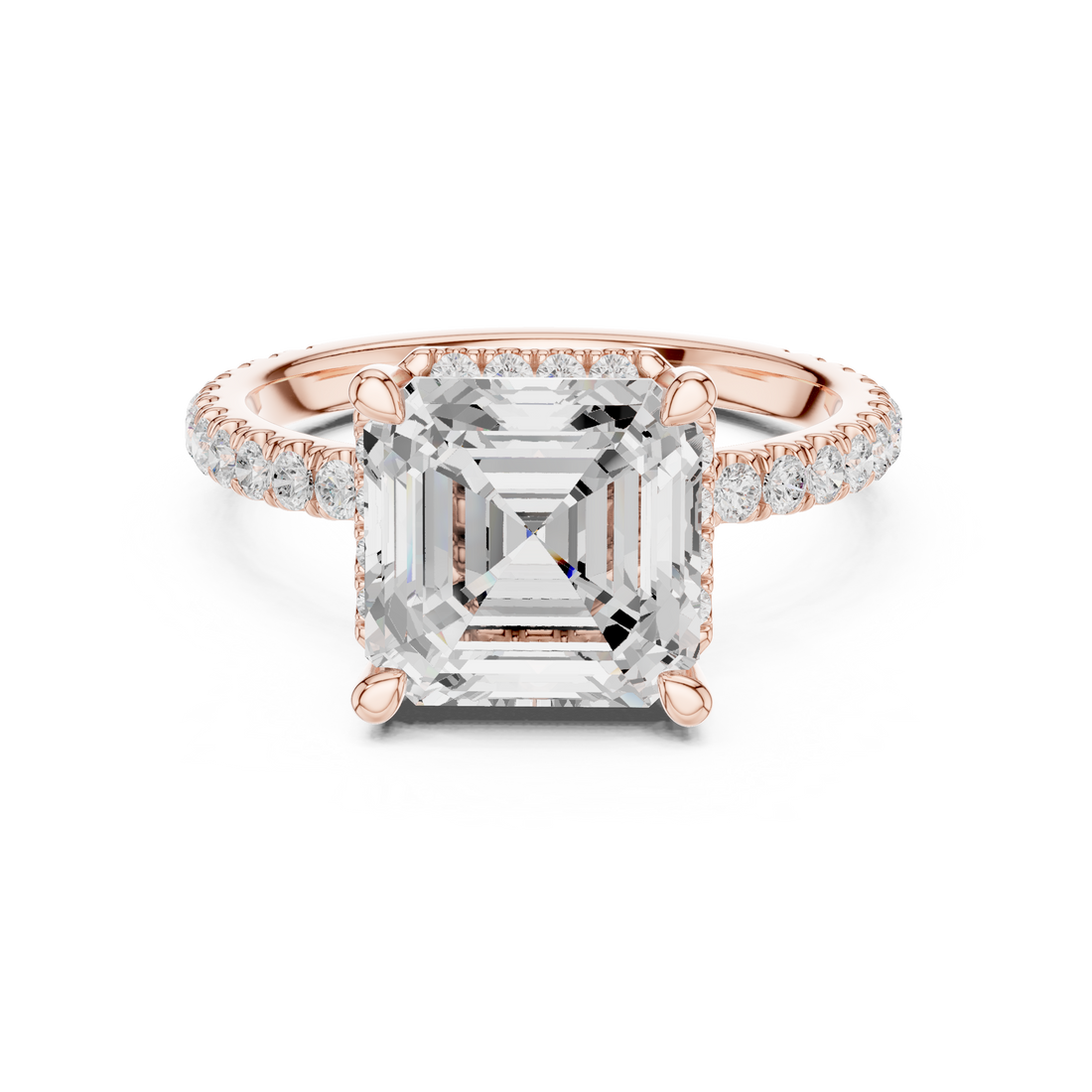 Sparkling Asscher Cut Diamond Engagement Ring with Pavé Diamond Band close-up accent detail