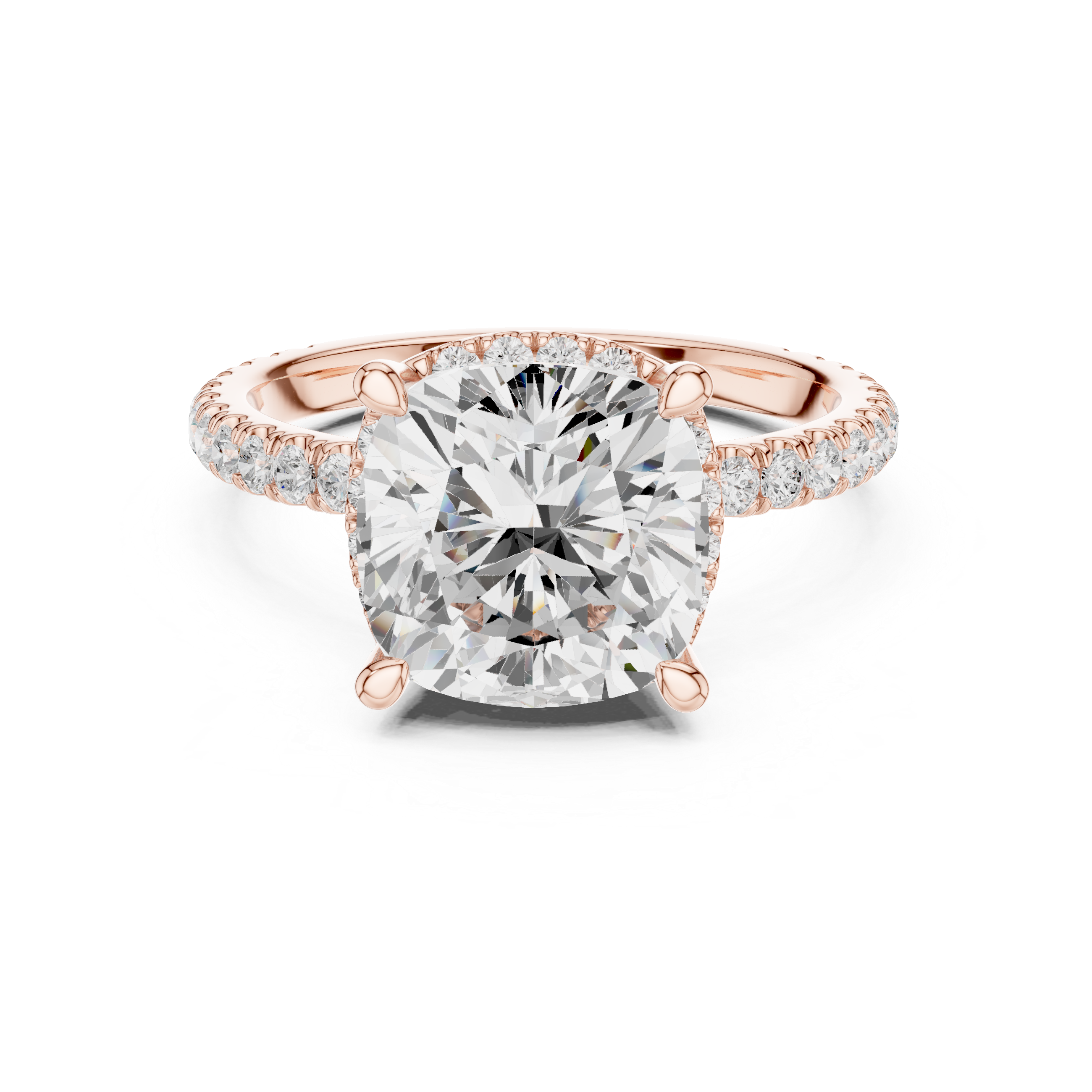 Sparkling Cushion Cut Diamond Solitaire Engagement Ring with Pavé Band close-up accent detail