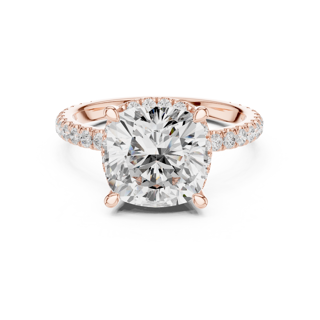 Sparkling Cushion Cut Diamond Solitaire Engagement Ring with Pavé Band close-up accent detail
