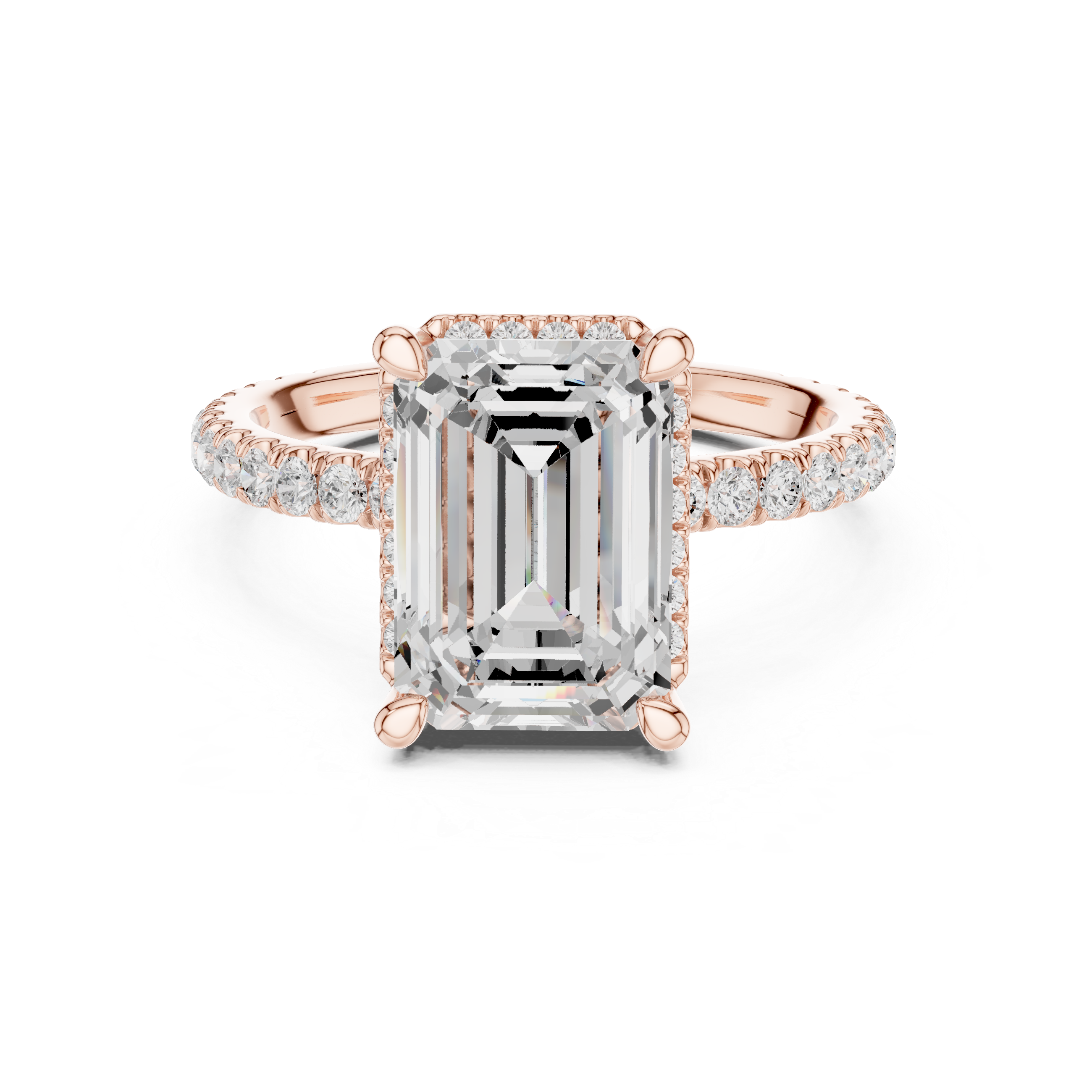 Sparkling Emerald Cut Diamond Halo Engagement Ring with Pavé Diamond Band close-up accent detail