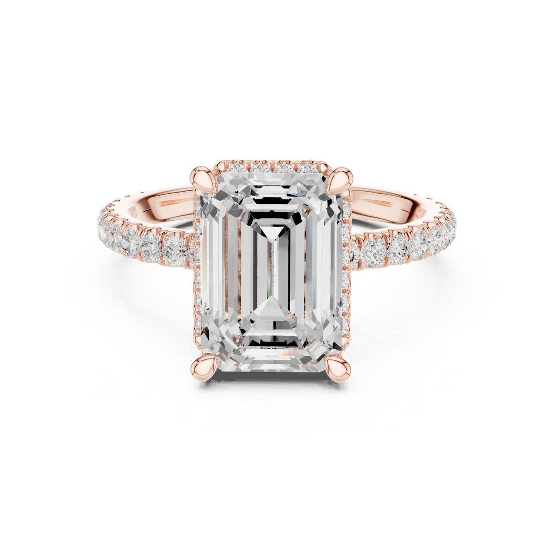 Sparkling Emerald Cut Diamond Halo Engagement Ring with Pavé Diamond Band close-up accent detail