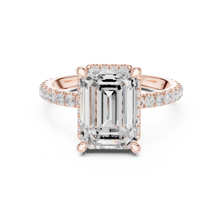 Sparkling Emerald Cut Diamond Halo Engagement Ring with Pavé Diamond Band close-up accent detail