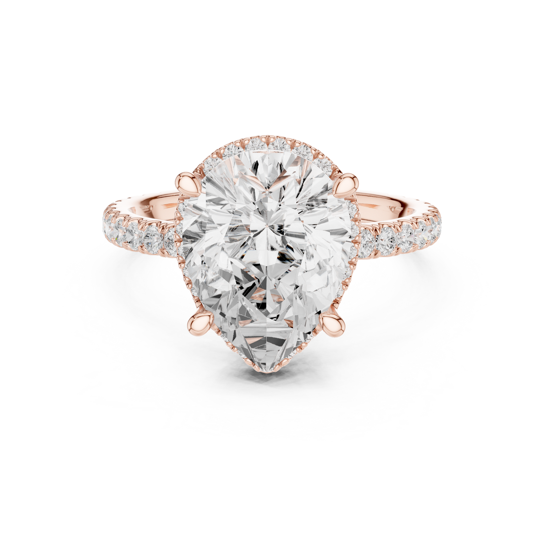 Sparkling Pear Cut Diamond Halo Engagement Ring with Pavé Band close-up accent detail